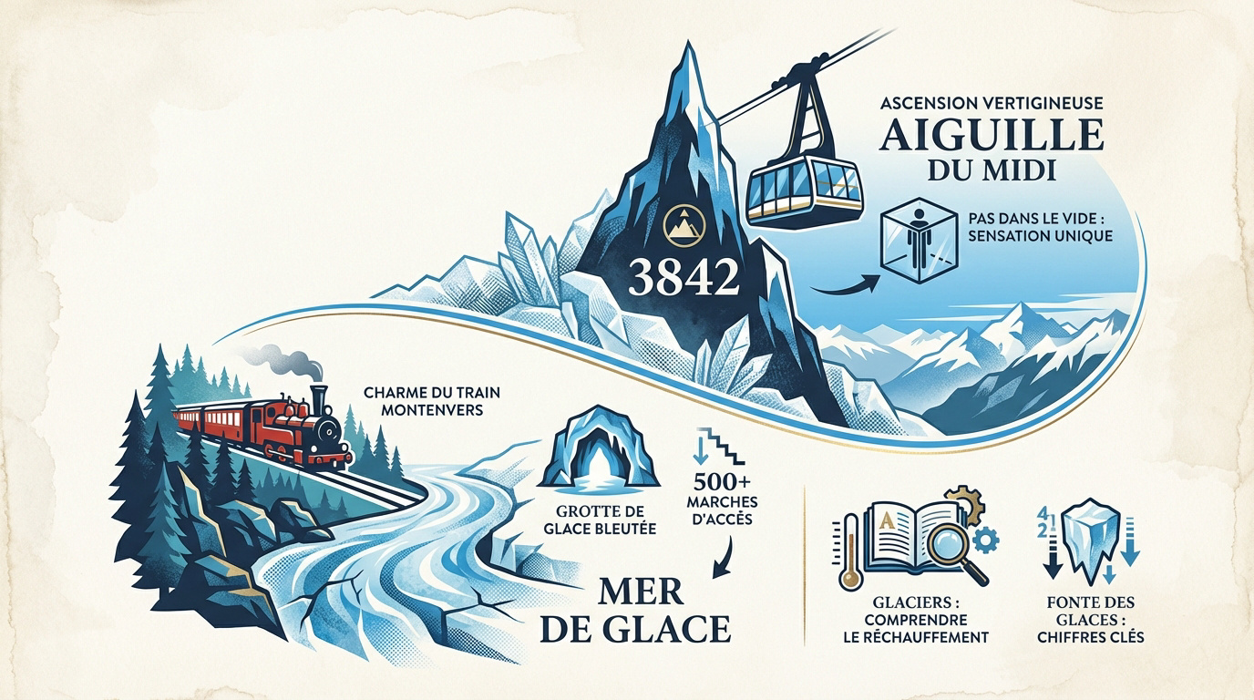 Vue panoramique sur l'Aiguille du Midi et le massif du Mont-Blanc à Chamonix