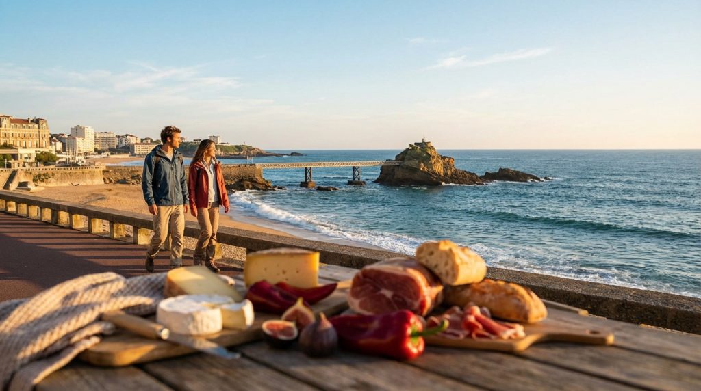 Table garnie de fromages, jambon, pain, fruits, avec un couple marchant le long de la plage de Biarritz et le Rocher de la Vierge en fond.