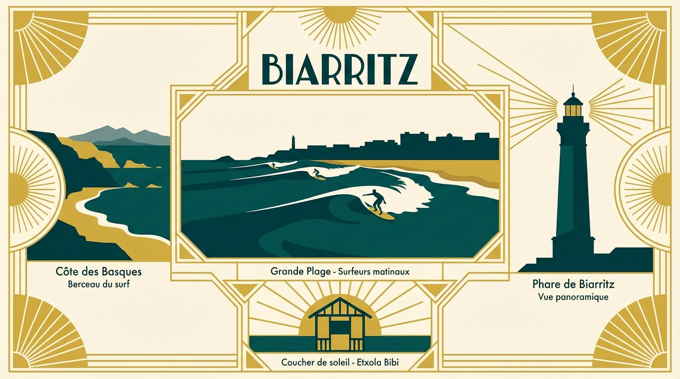 Vue de Biarritz et surfeurs