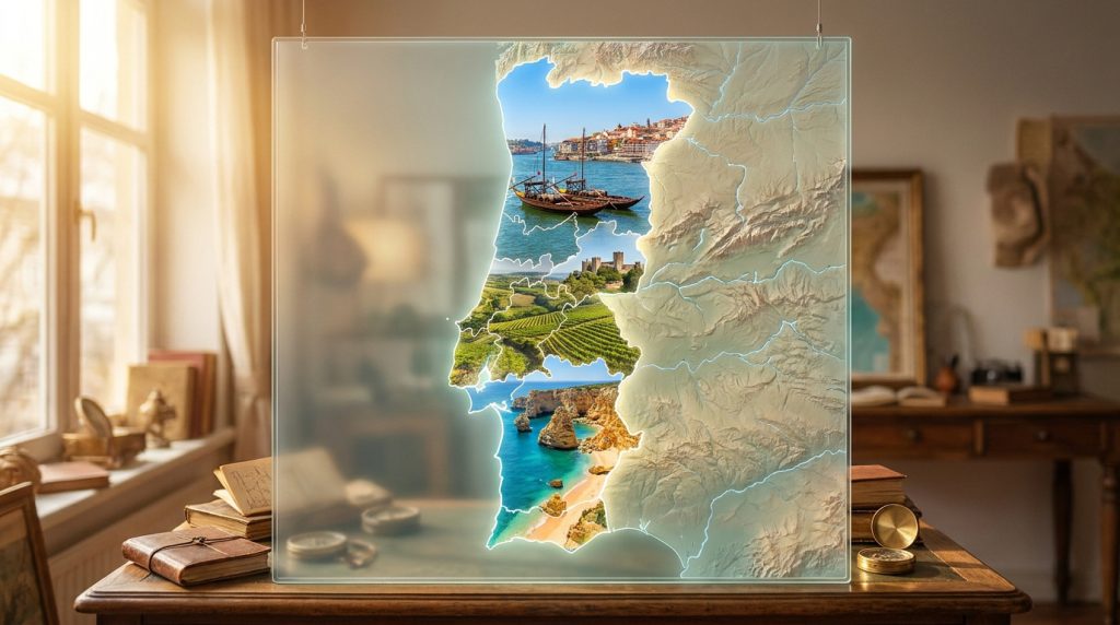 Carte du Portugal sur écran, fusionnant paysages variés (Douro, vignobles, Algarve) et topographie. Cadre vintage.