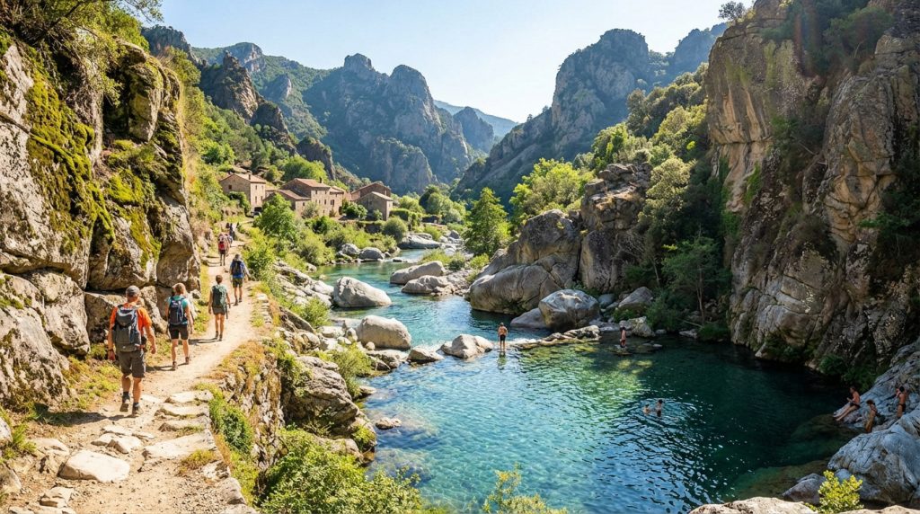 Randonneurs sur un sentier rocheux et baigneurs dans une rivière turquoise bordée de falaises, avec un hameau, dans les Gorges d'Héric.