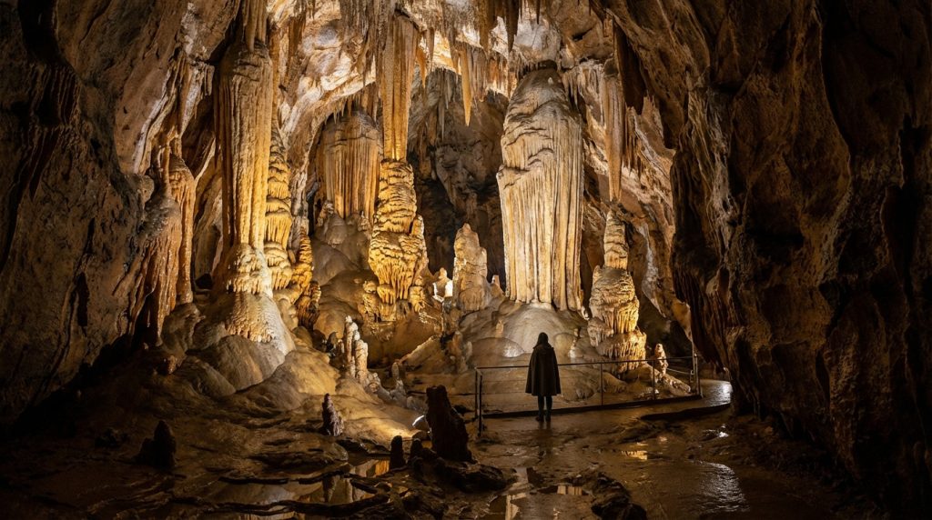 Personne debout dans une vaste grotte illuminée, entourée de stalactites et stalagmites impressionnantes, le long d'un chemin balisé.