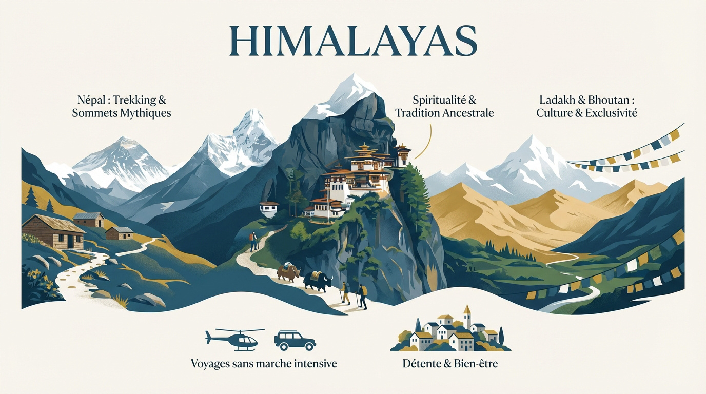 Sommets enneigés et vallées de l'Himalaya