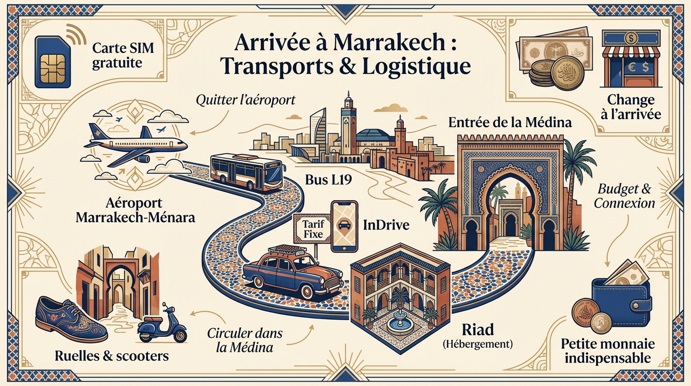 Infographie des options de transport de l'aéroport de Marrakech au centre-ville