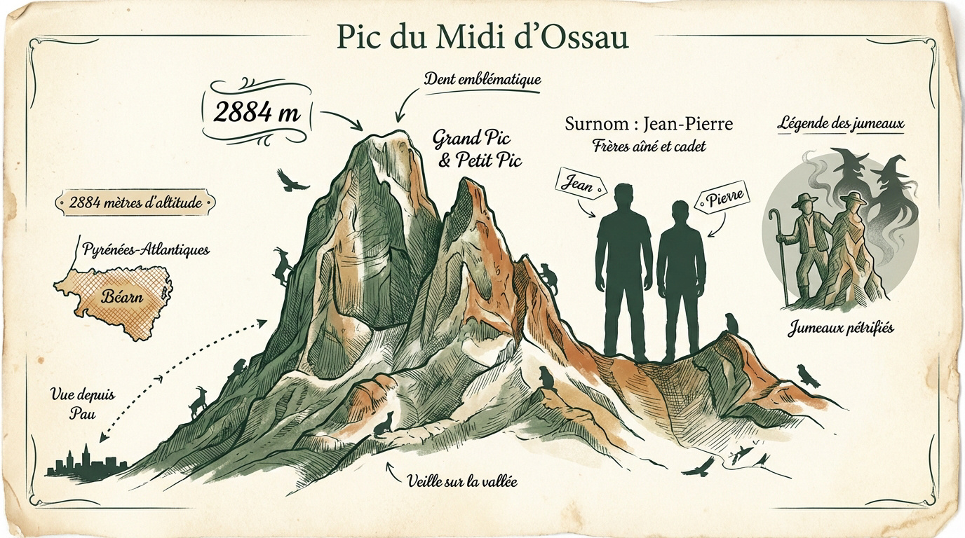 Infographie détaillée du Pic du Midi d'Ossau présentant sa géologie et ses sentiers