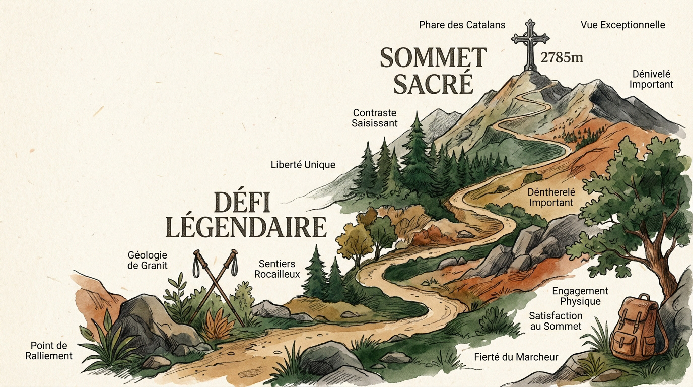 Vue panoramique depuis le sommet du Pic du Canigou avec la croix forgée