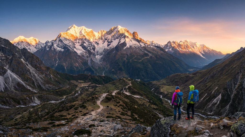 Deux randonneurs contemplent les vastes montagnes enneigées de l'Himalaya, baignées par la lumière dorée du lever du soleil.