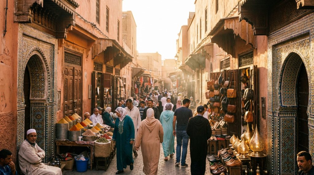 Souk marocain bondé : architecture traditionnelle, étals d'épices colorées, sacs en cuir et passants sous un soleil éclatant.