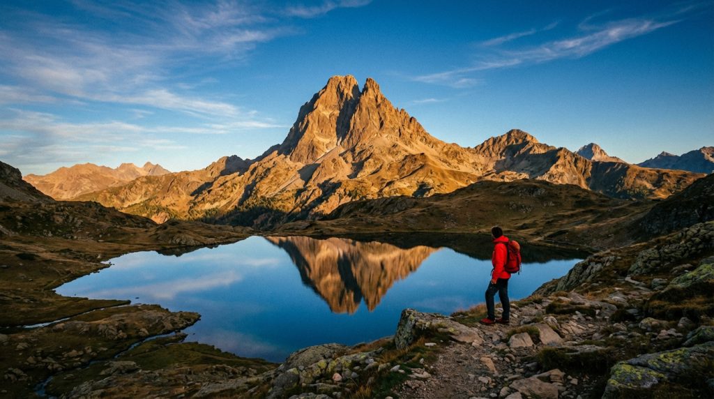 Un randonneur en veste rouge observe le Pic du Midi d'Ossau et son reflet dans un lac de montagne, au lever du jour.