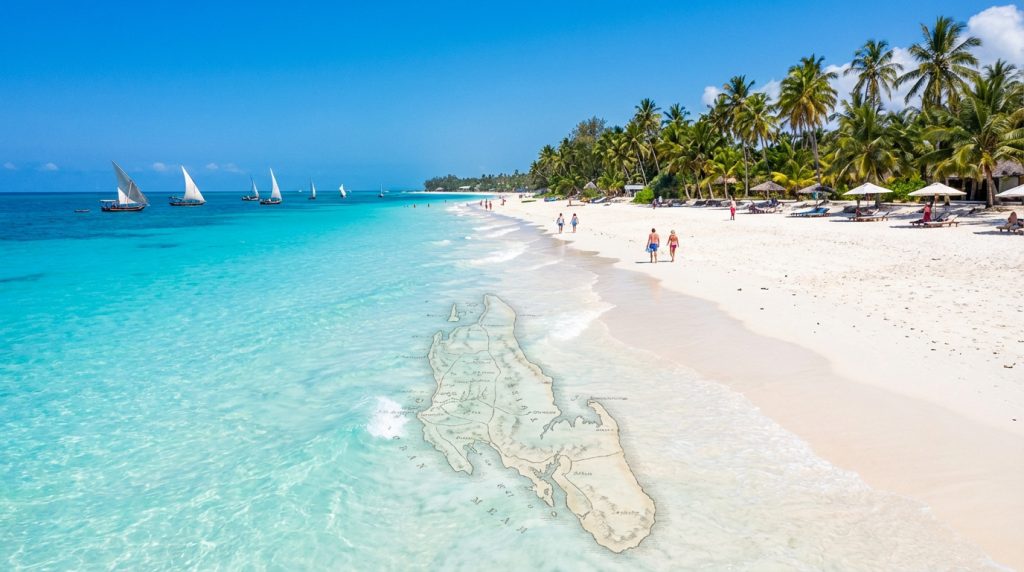 Vue d'une plage idyllique à Zanzibar: sable blanc, mer turquoise où une carte de l'île est superposée, palmiers et voiliers au loin.