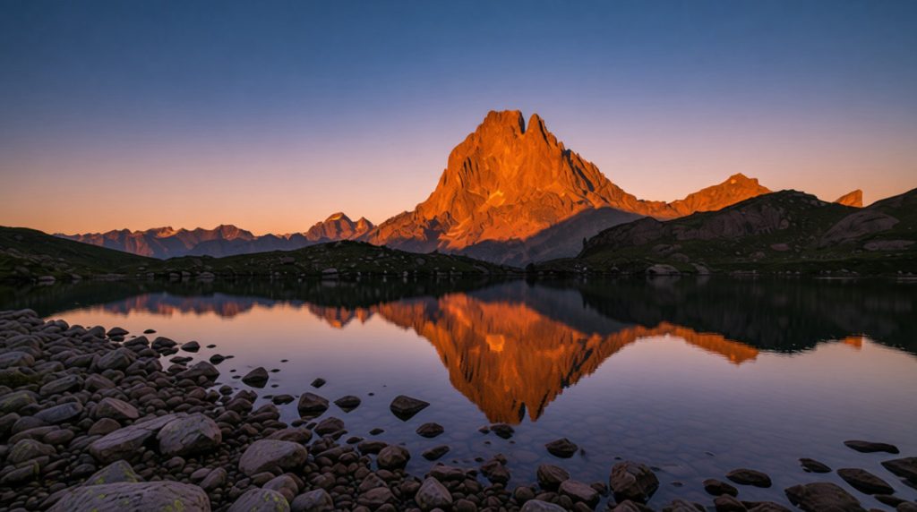 Le Pic du Midi d'Ossau éclairé par une lumière dorée du lever/coucher de soleil, se reflétant dans un lac de montagne serein avec des rochers au premier plan.