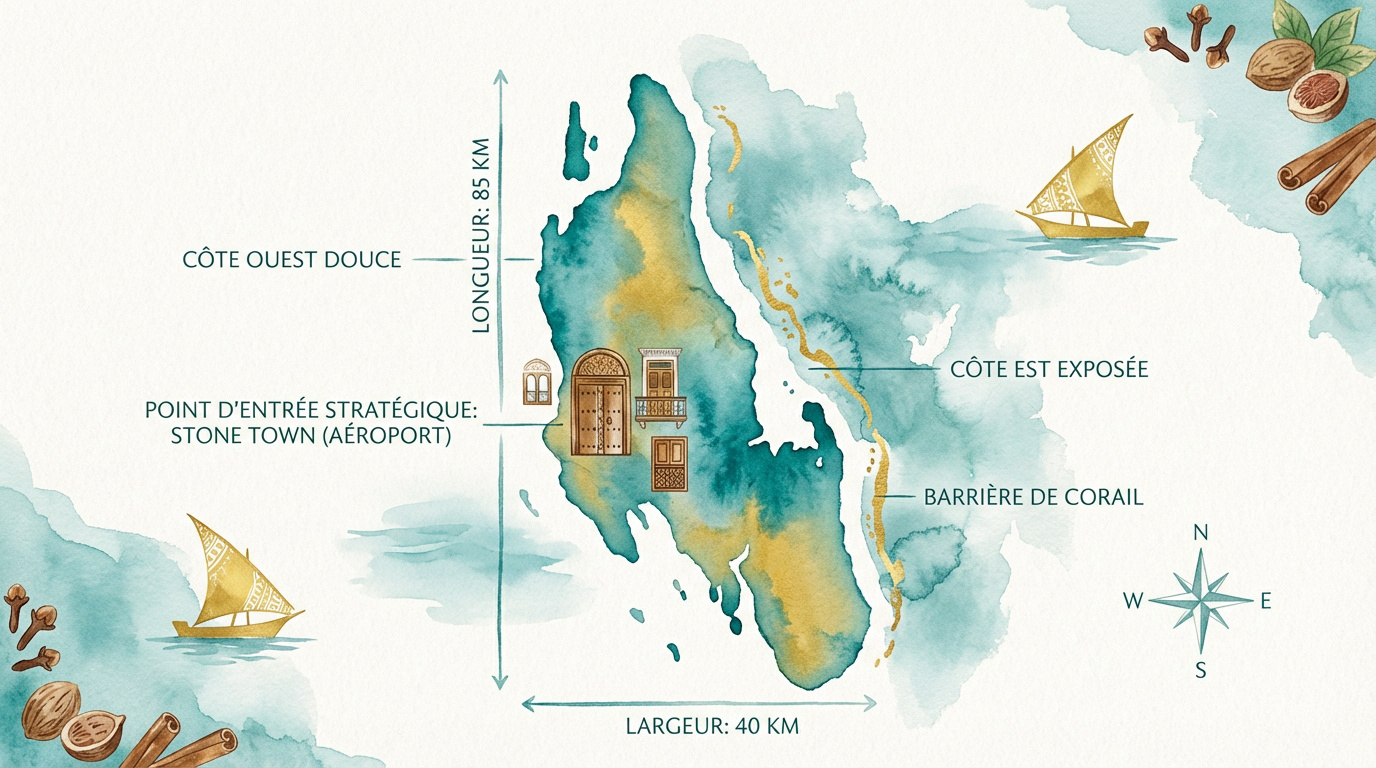Carte stylisée de l'île de Zanzibar montrant les principales régions touristiques
